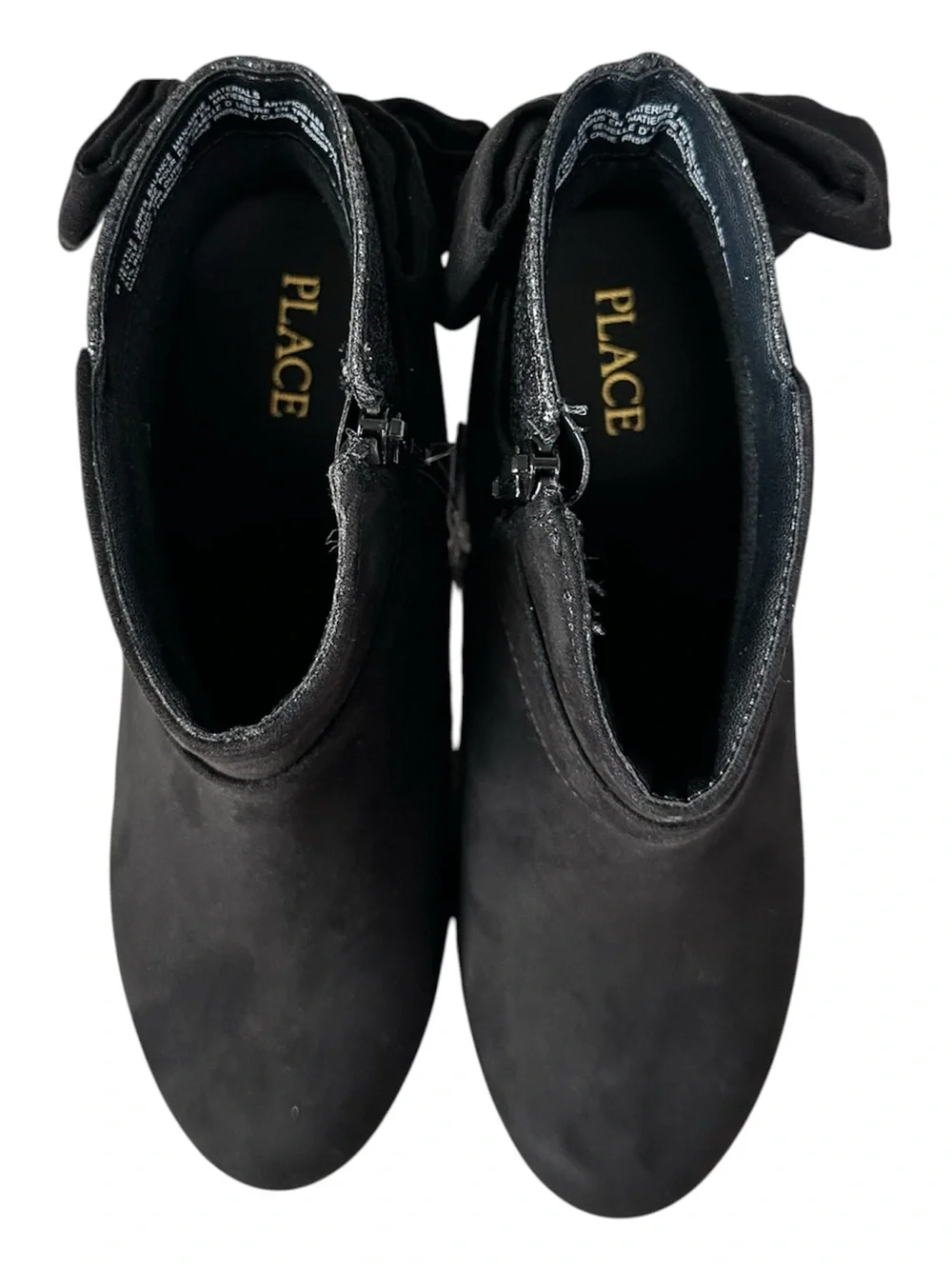 THE CHILDREN’S PLACE Girls Black Suede Glitter Gold Trim Bow Boots Size 6 NWT